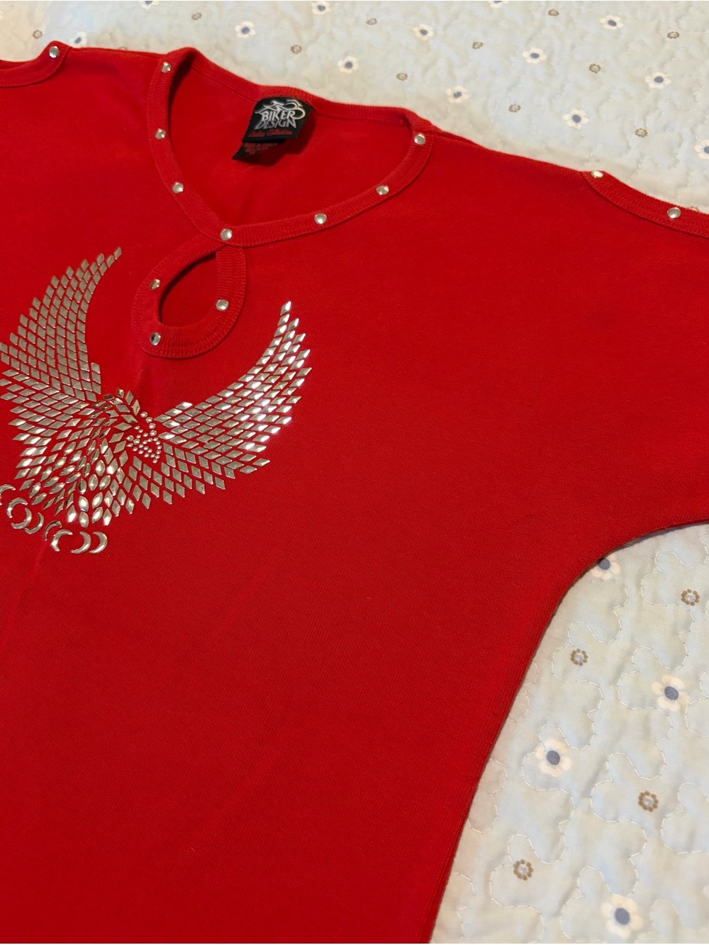 Biker Design Rhinestone Studded Bling Eagle Keyhole Red Fitted Top XL
